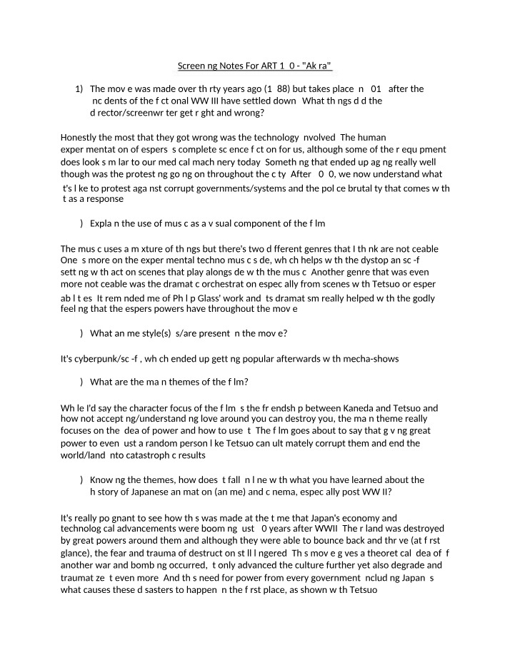 Screening Notes for Akira Music and Movie Themes