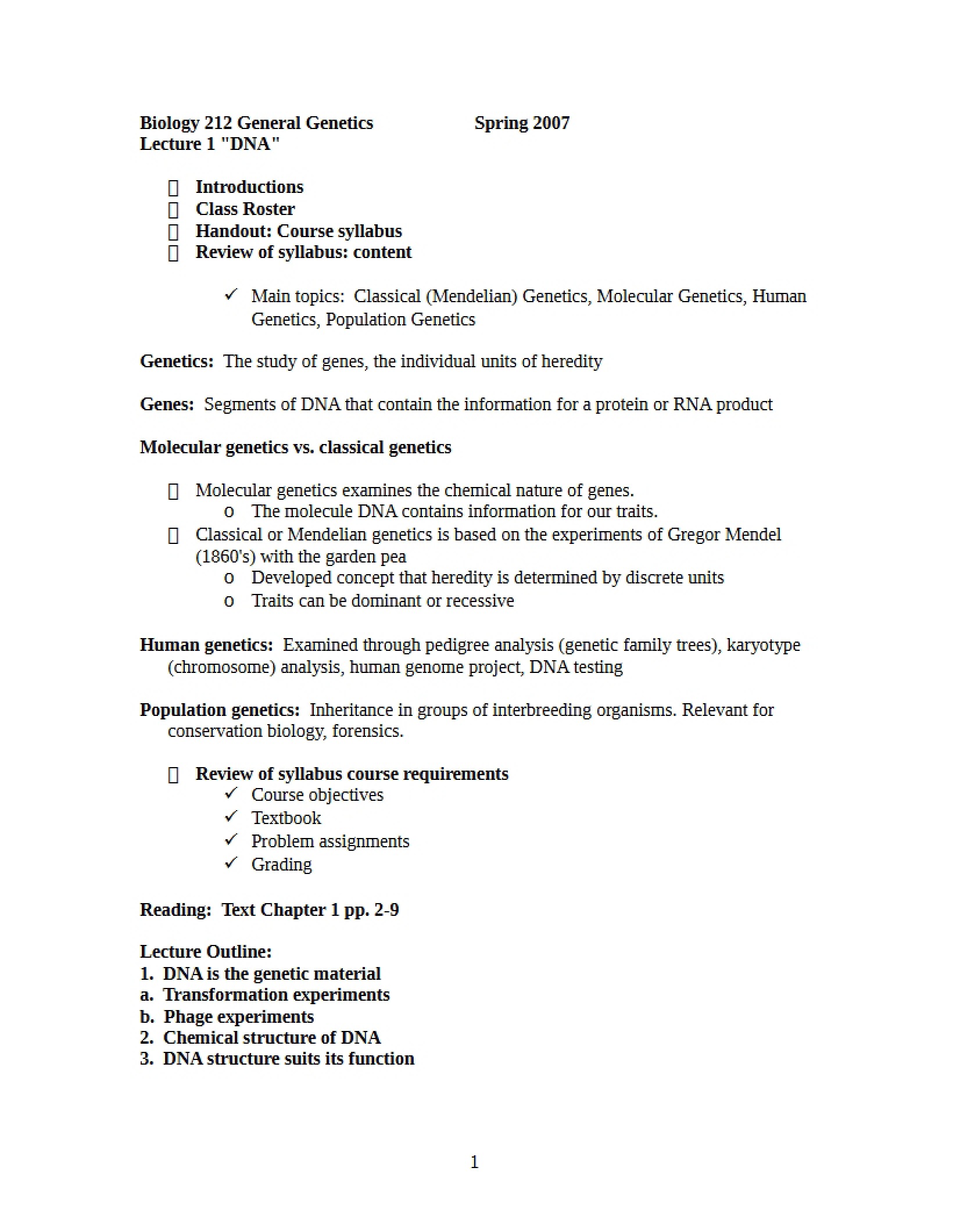General Genetics Class Notes