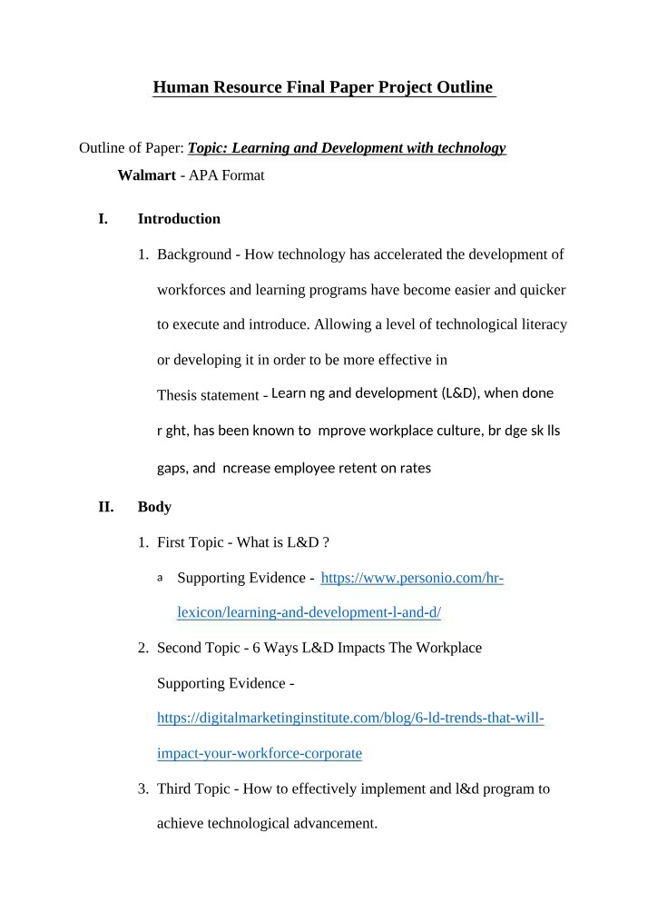 Human Resource Project Outline - Final Paper