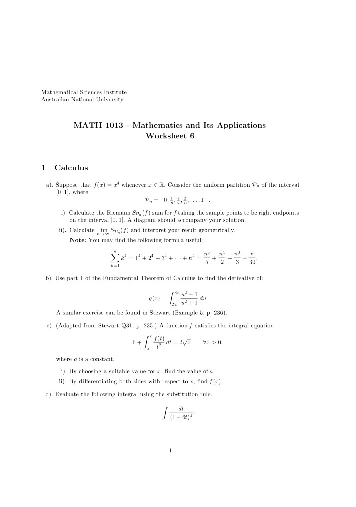 Worksheet 6 for MATH1013