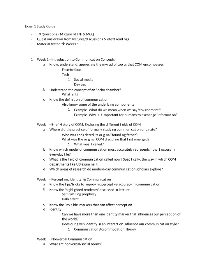 Study Guide for Exam 1