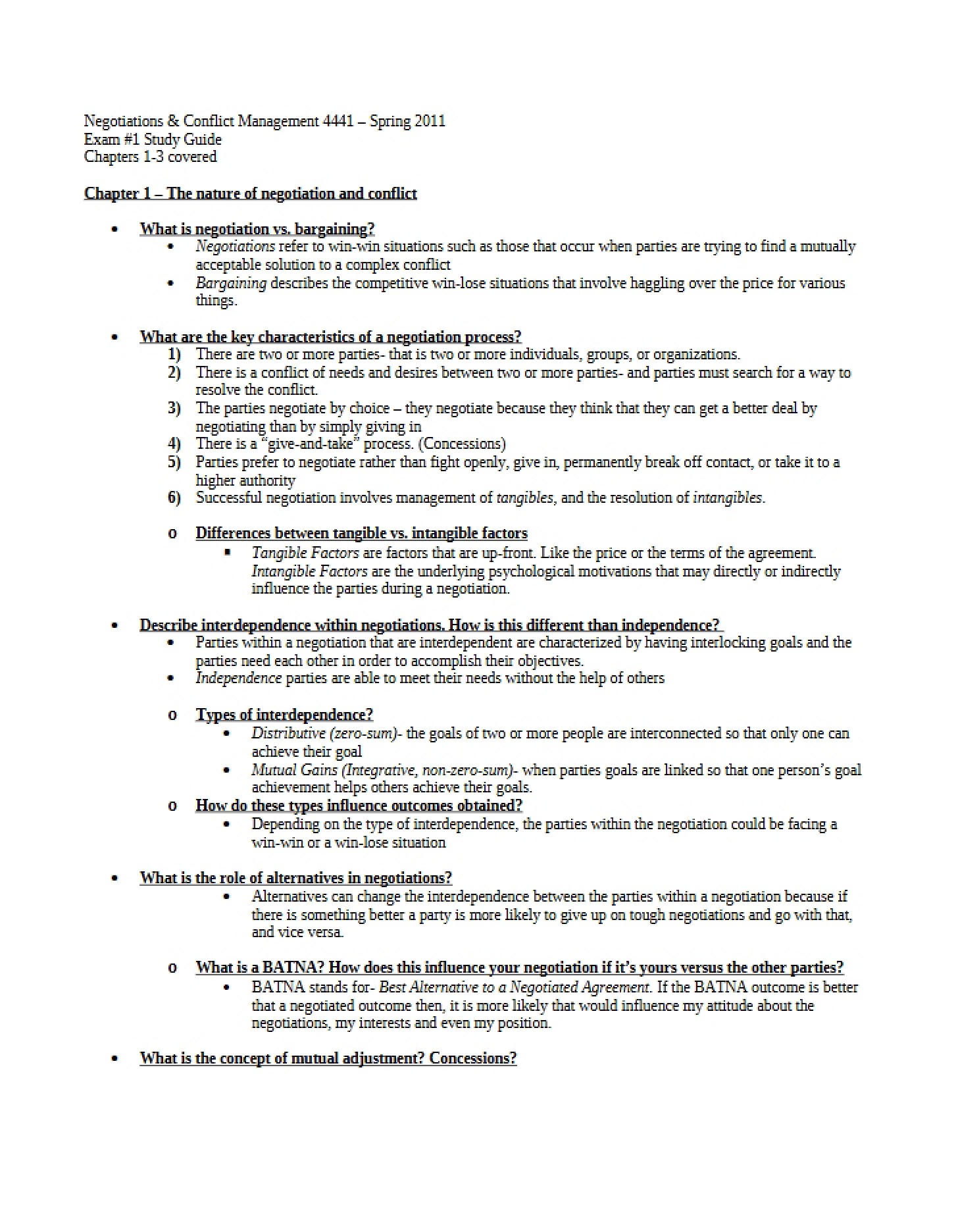 Study Guide for Exam 1