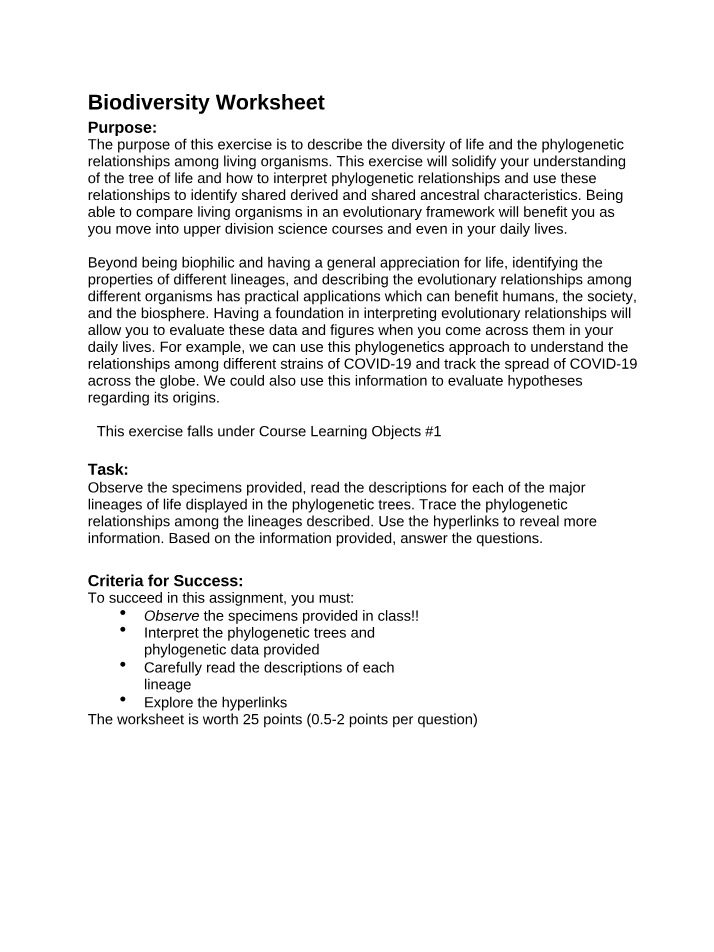 Worksheet on Biodiversity