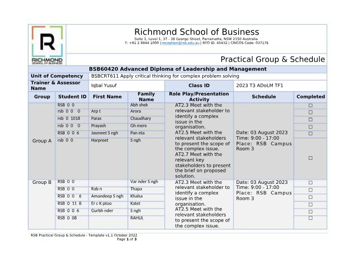 BSBCRT611 Practical Group - Class Gp