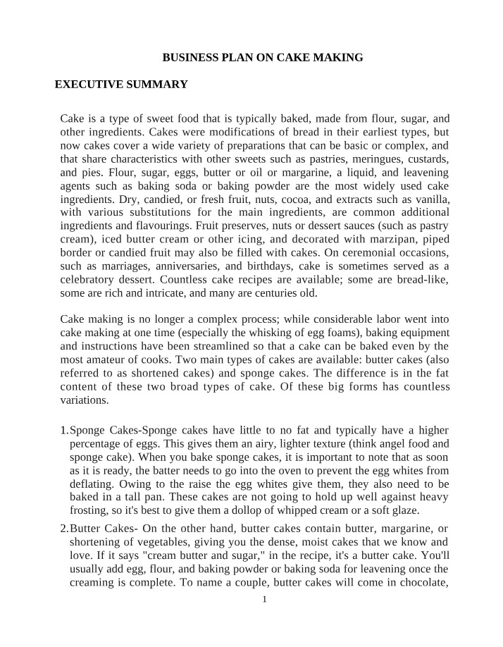 Business Plan for Cake Making