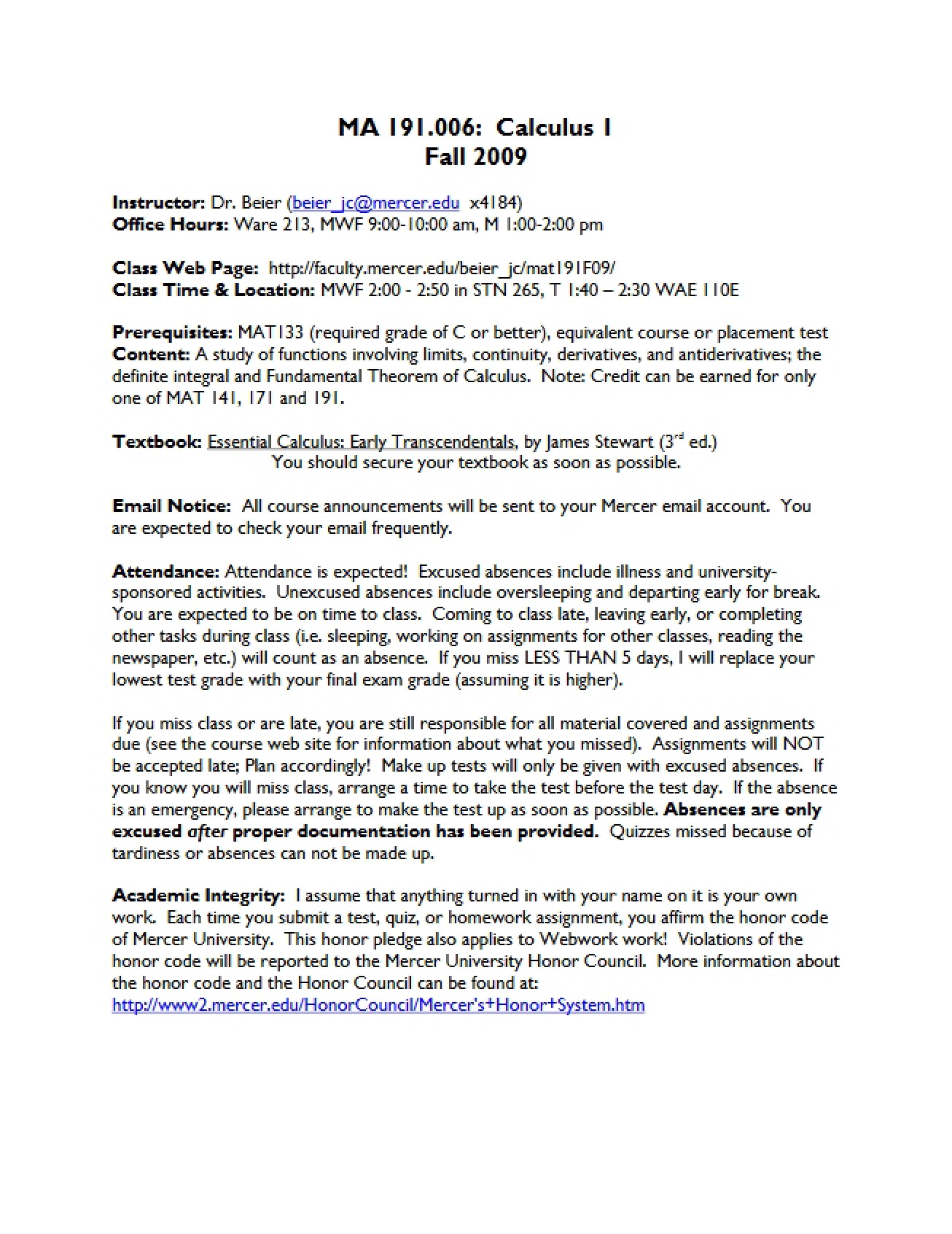 Calculus I Course Syllabus