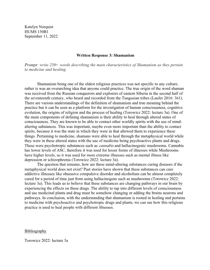 Written Response 3 on Shamanism