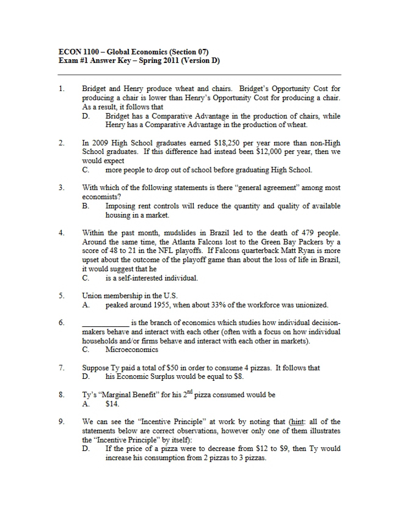 Global Economics Second Unit Exam
