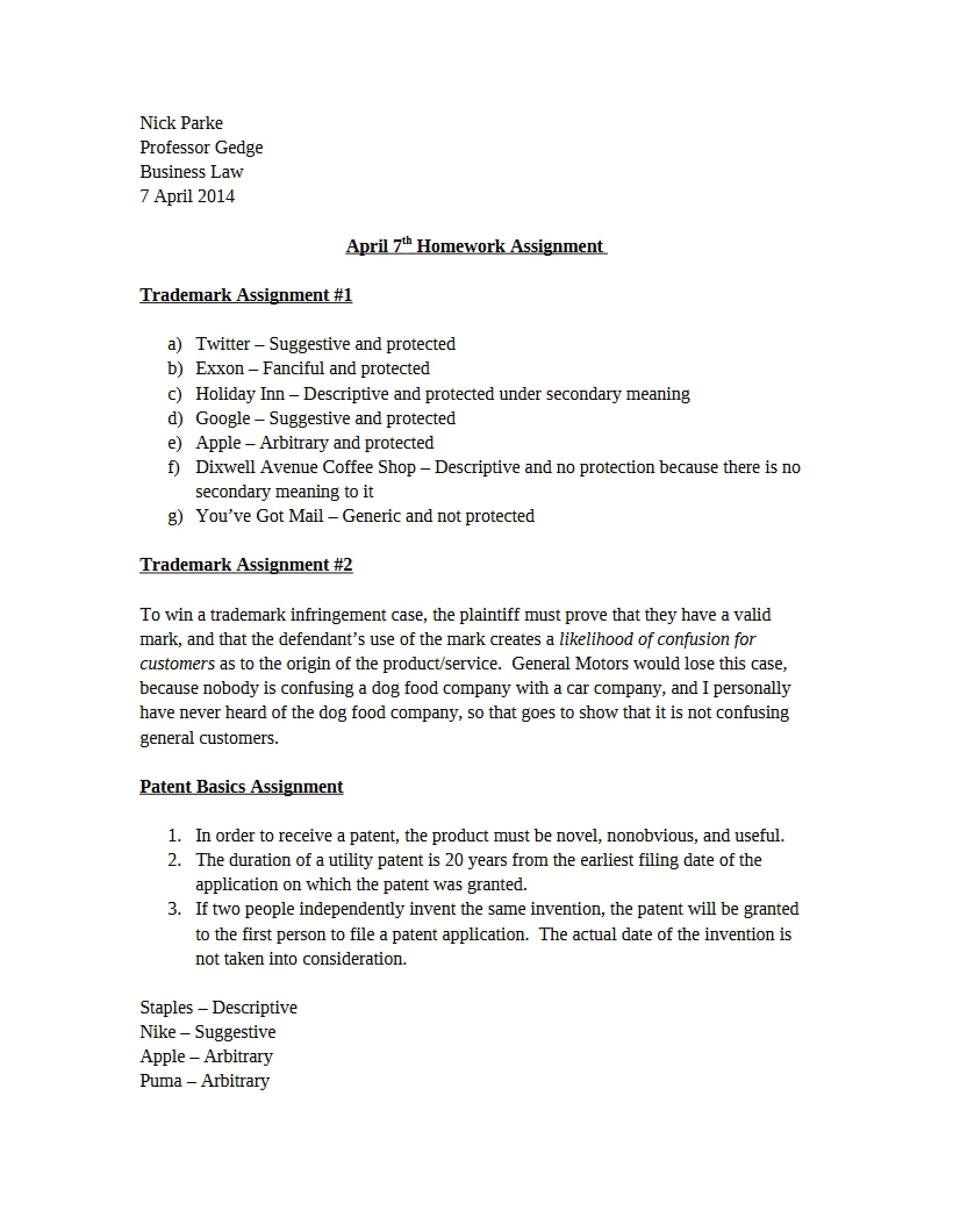 Business Law Homework Assignment