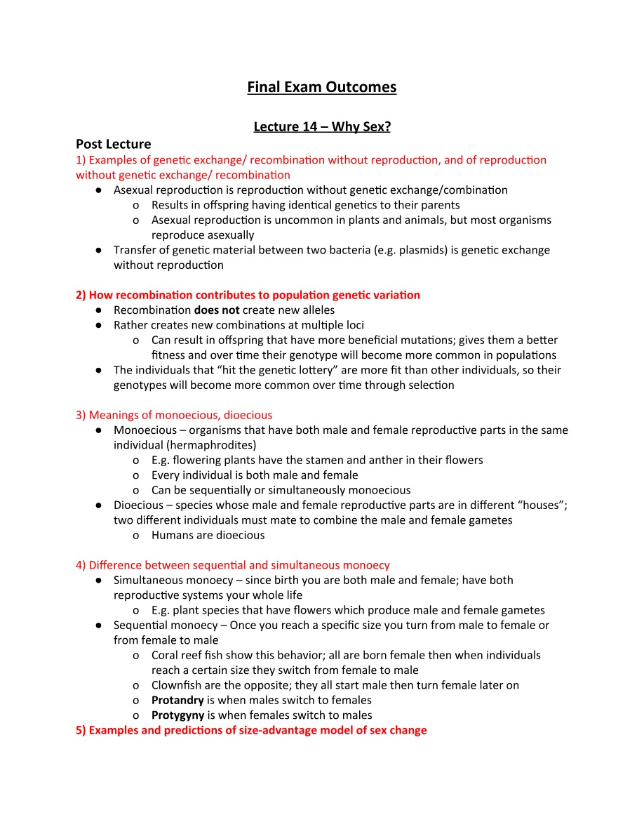 Why Sex - Lecture 14 Final Exam Outcomes