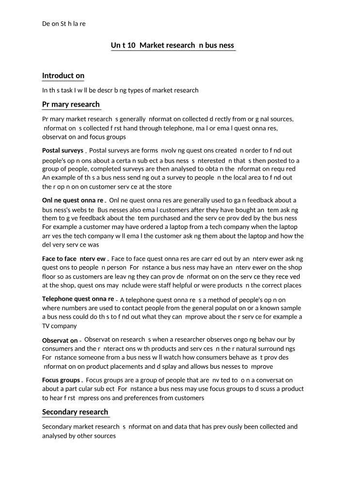 Unit 10 - Market Research in Business