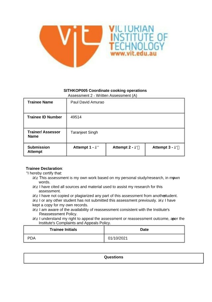 Written Assessment A - SITHKOP005 Assessment 2