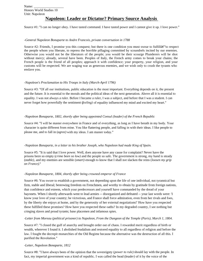 Napoleon - Leader or Dictator - Primary Source Analysis