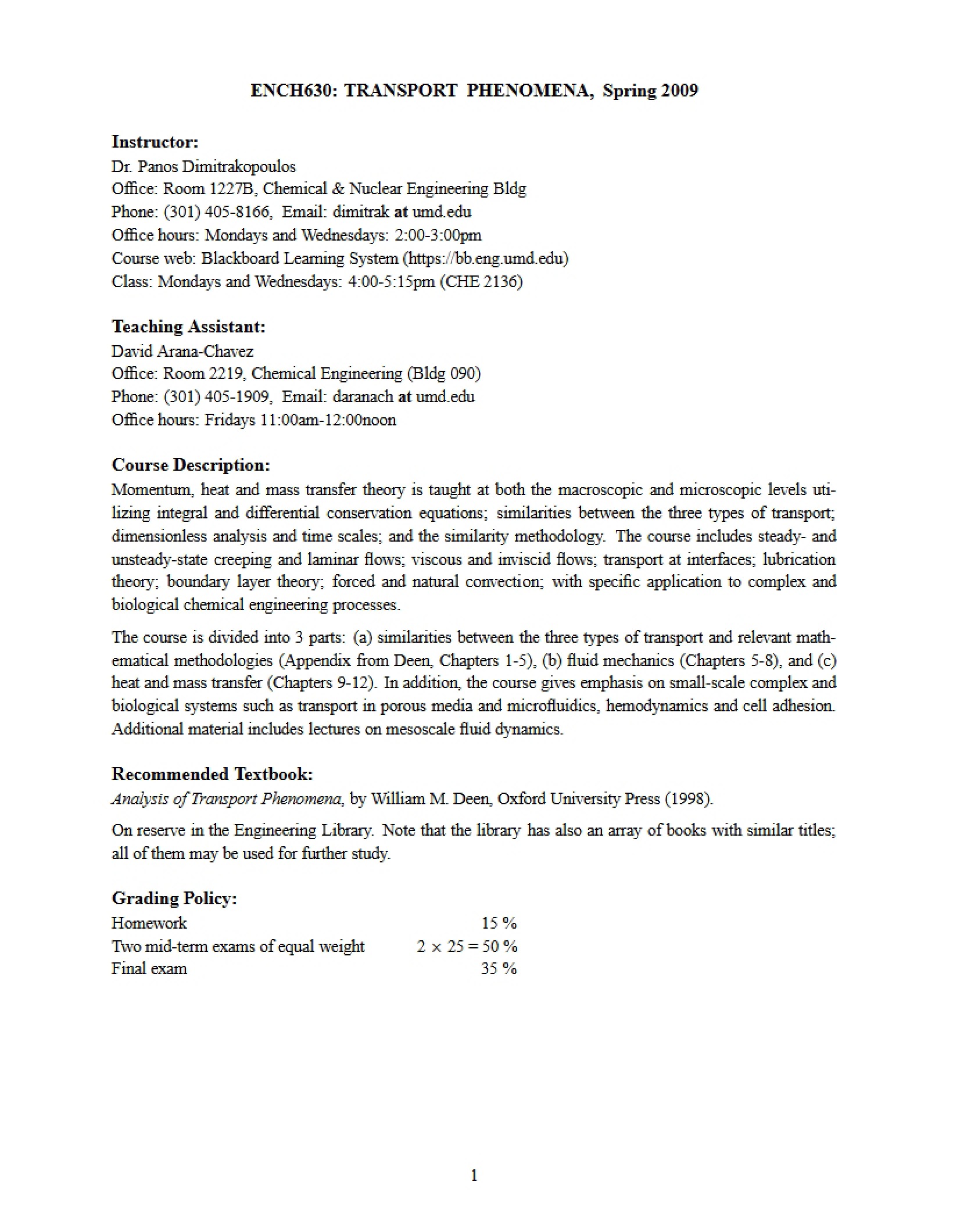 Transport Phenomena Course Outline