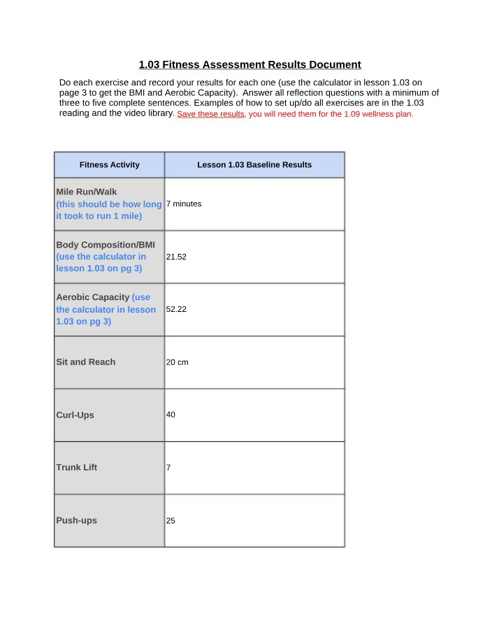 1.03 Fitness Assessment - Results