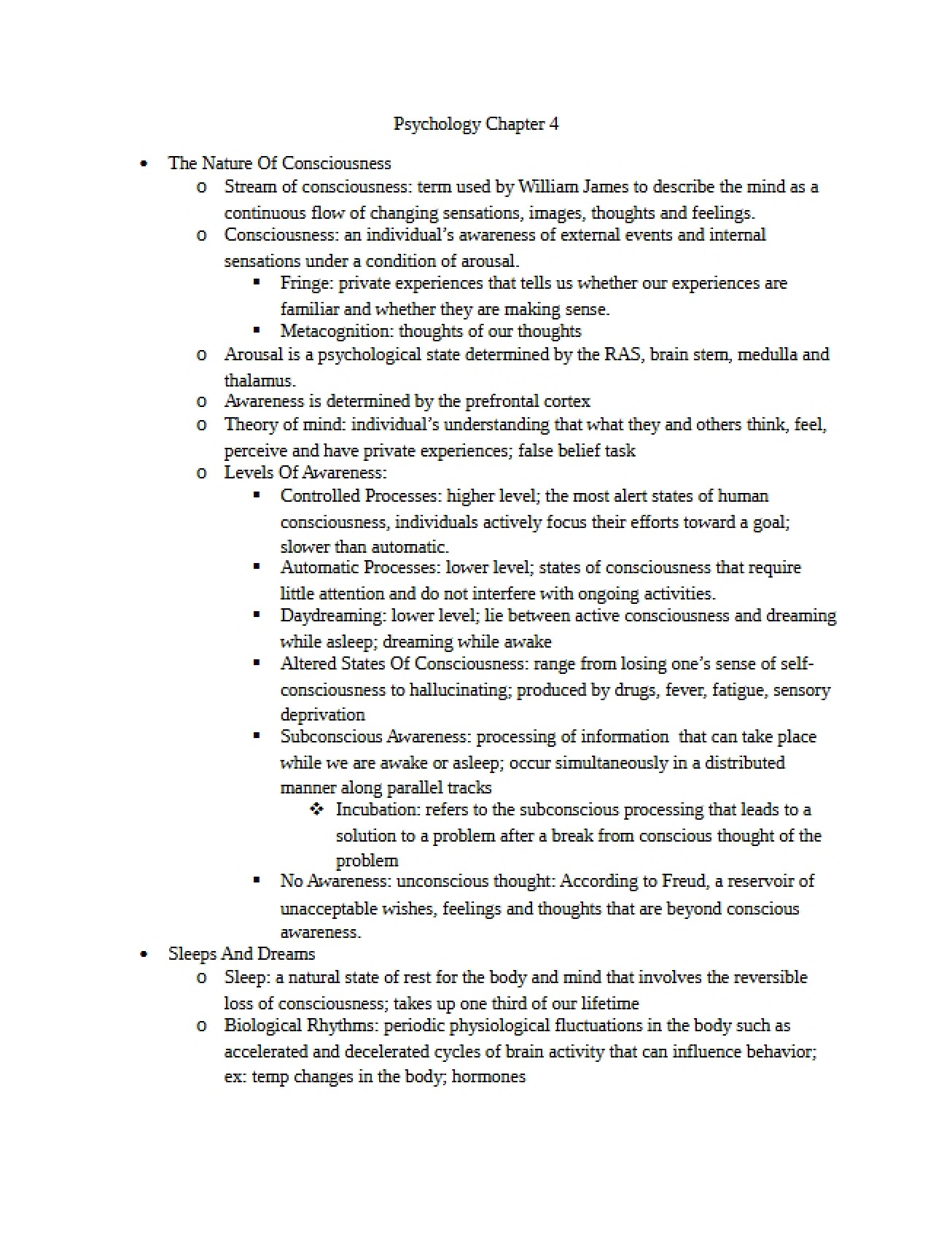 Notes for Psychology Chapter Four