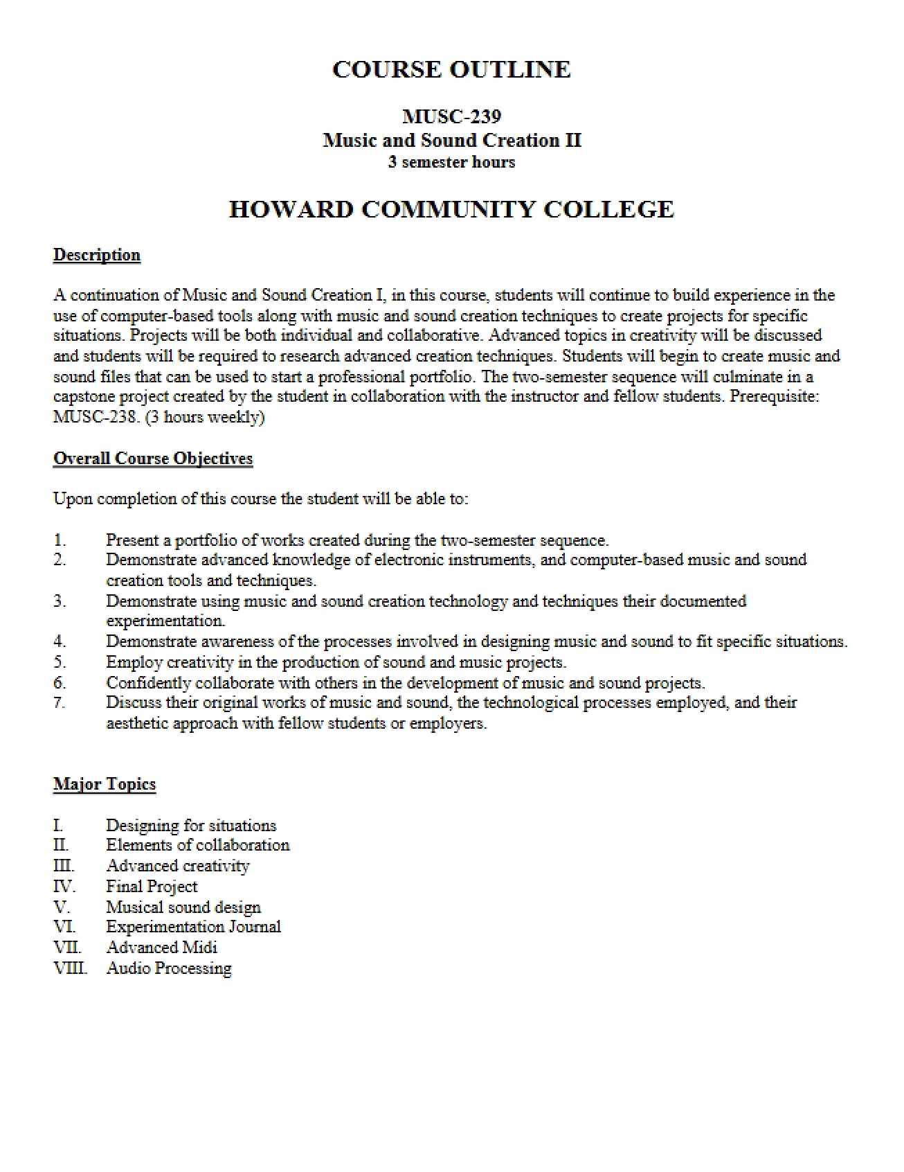 Course Outline for MUSC 239