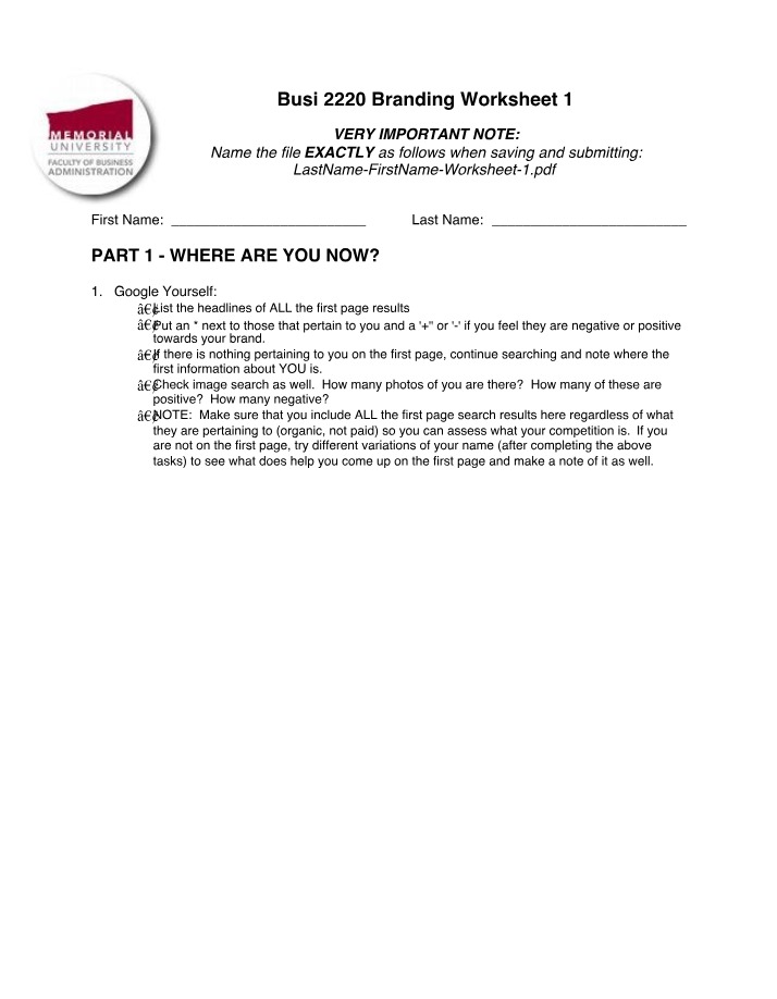 Worksheet 1 for Branding