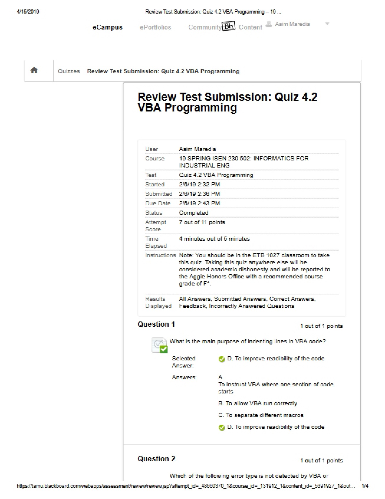 VBA Programming Assessment (Quiz 4.2)