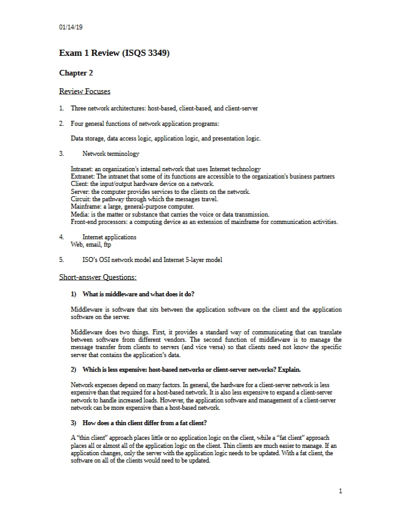 ISQS 3349 Exam 1 Review - 5 Pages
