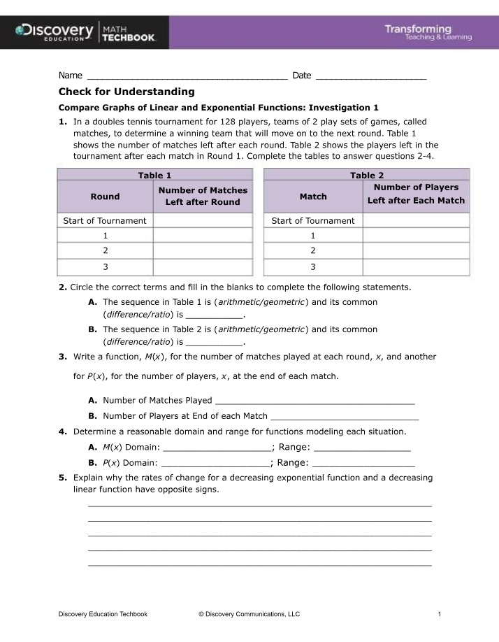 Investigation 1 - Comparing Linear and Exponential Function Graphs