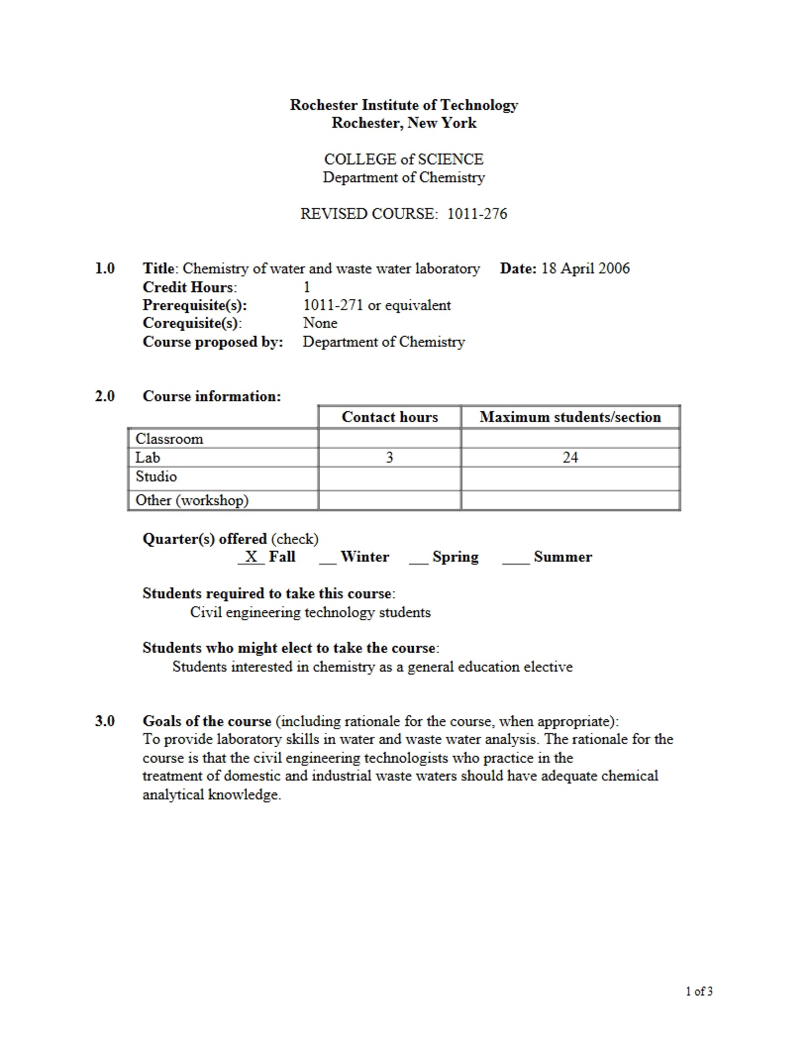 Lab Info for Water and Waste Water Chemistry