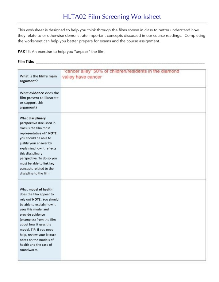 Worksheets for Film