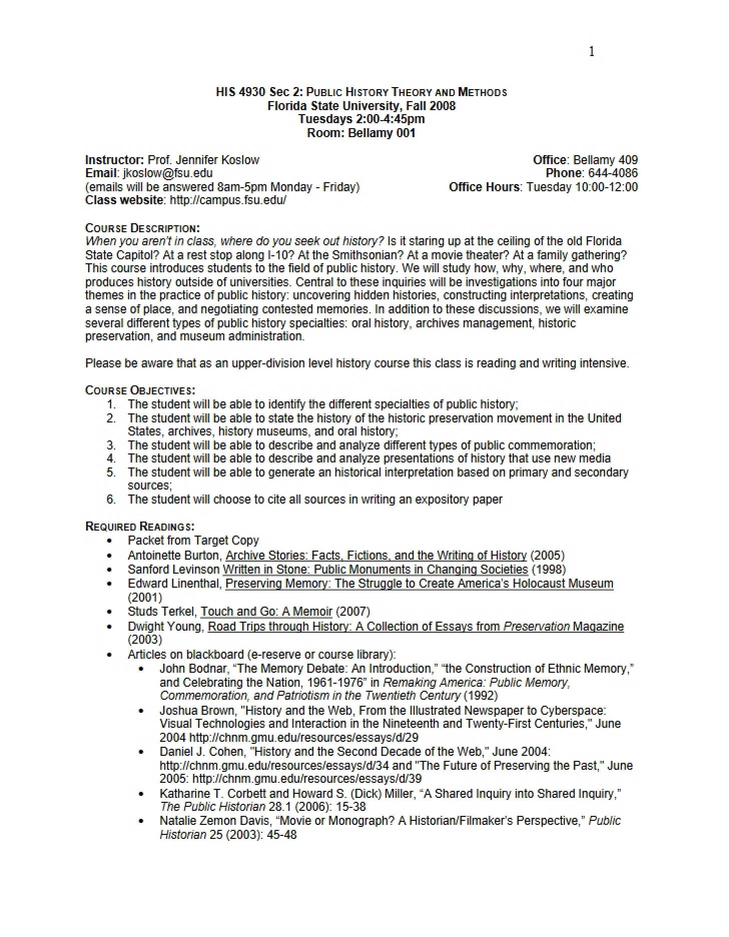 Academic Outline for History Course 4930