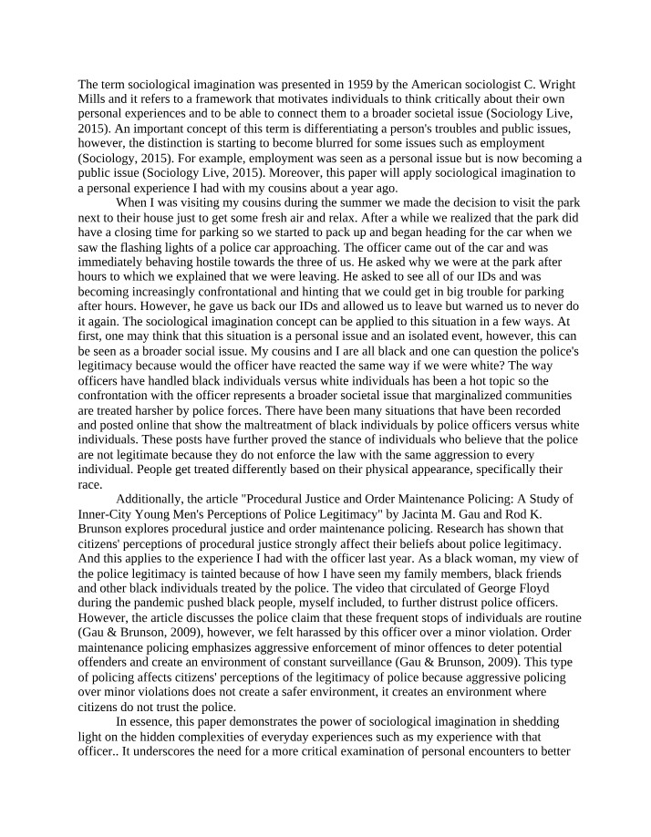 Sociological Imagination - Reflection One