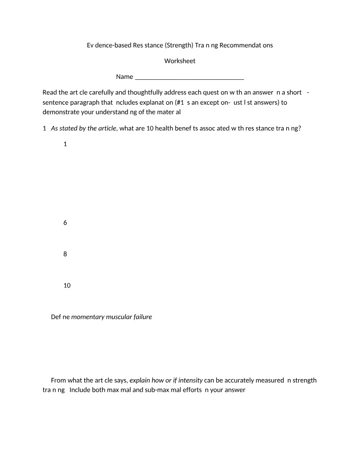 Worksheet on Evidence-based Resistance Training Recommendations