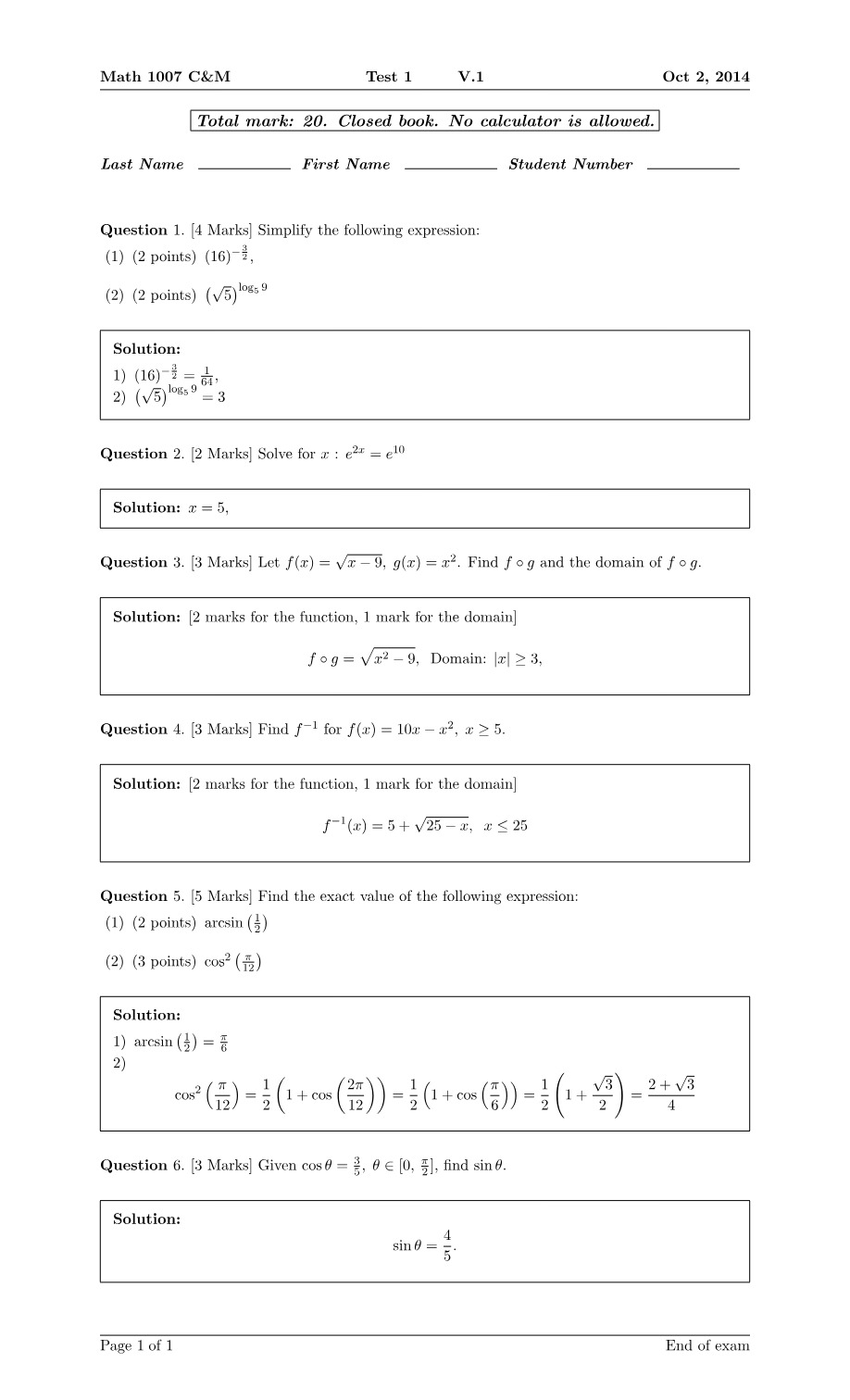 Test 1 Solutions for Math 1007 C&M