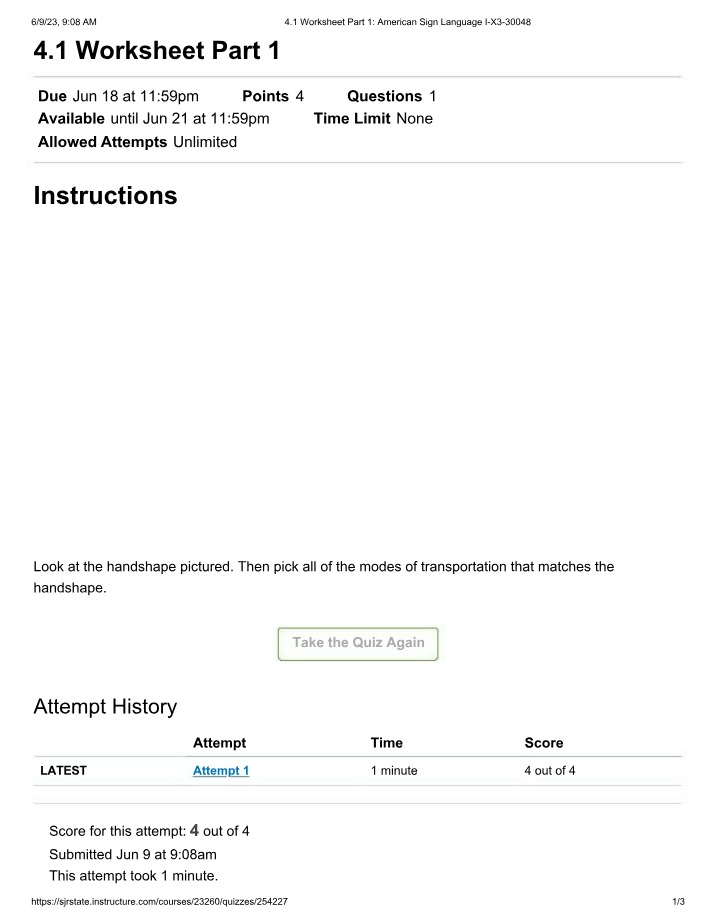 American Sign Language Worksheet 4.1 - Modes of Transportation