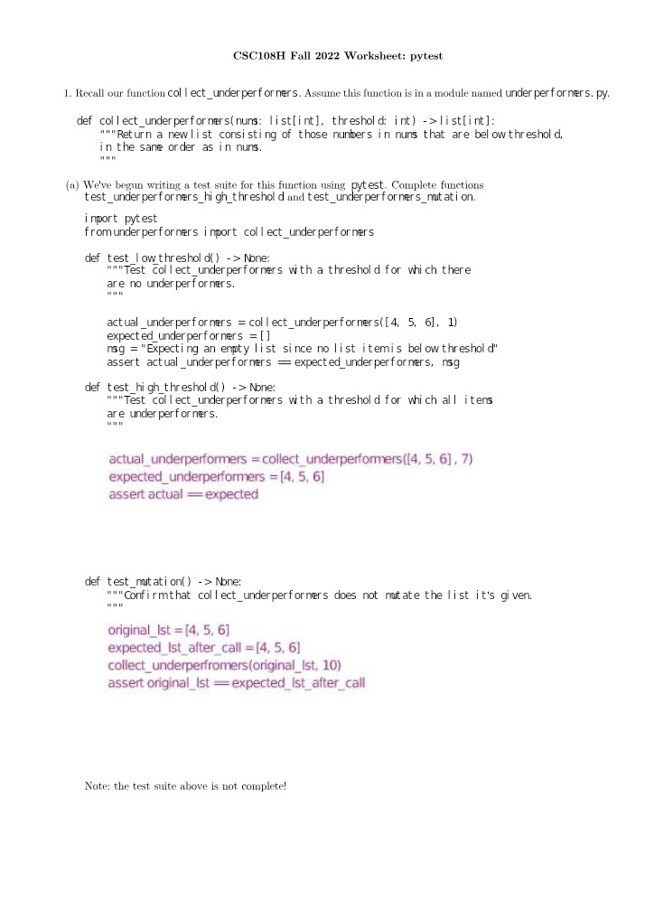 Worksheet for pytest