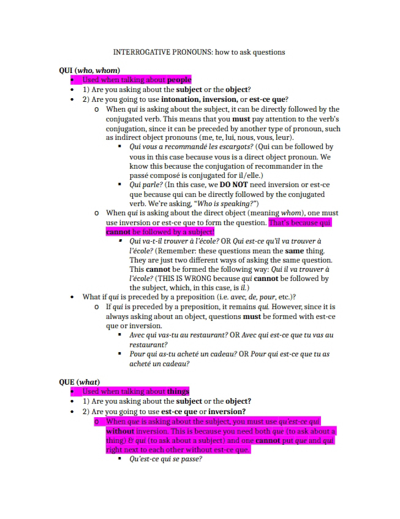 Overview of Interrogative Pronouns Qui, Que, Quel