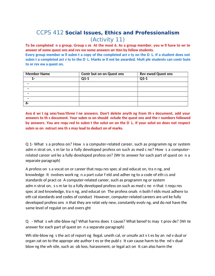 Social Issues, Ethics and Professionalism - Activity 11