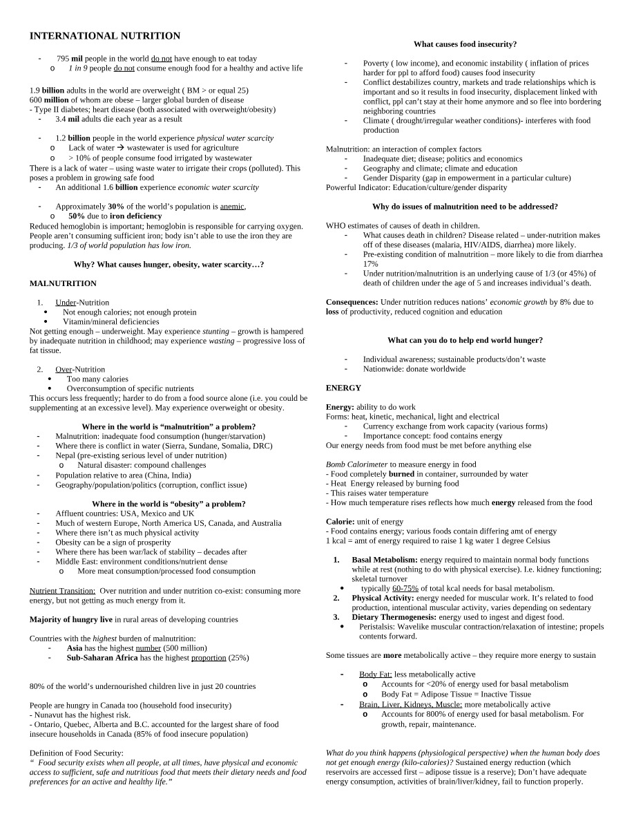 International Nutrition Study Notes