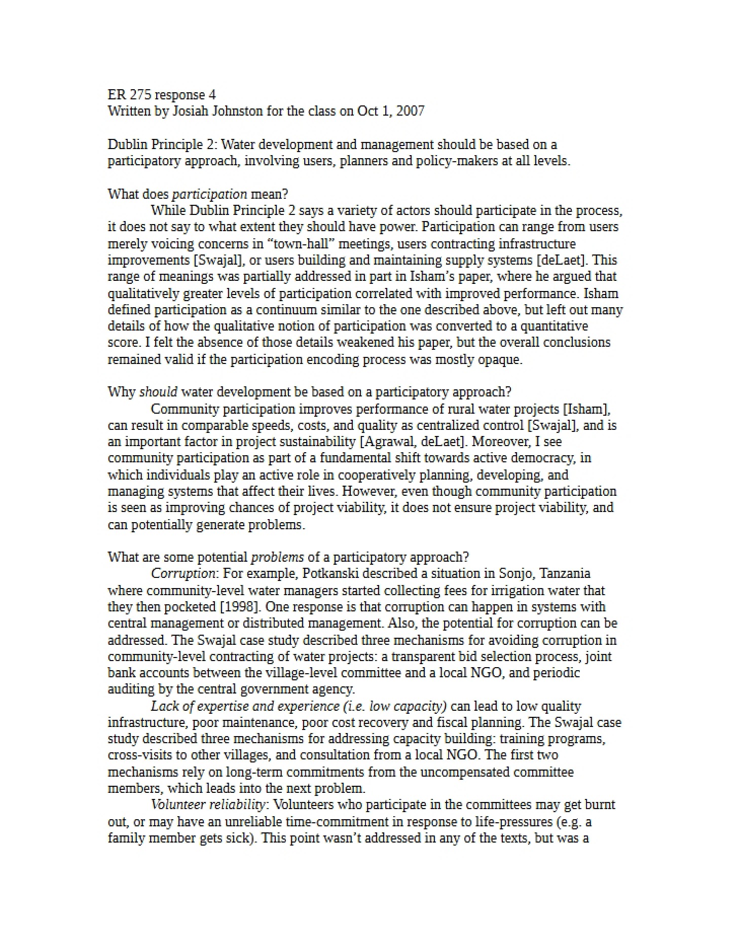 Response Paper for ER 275