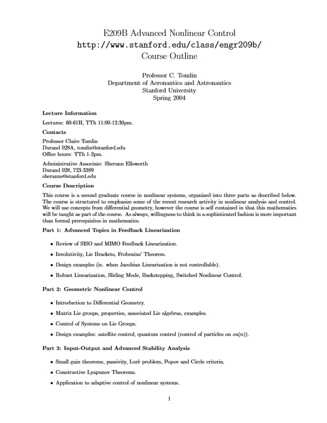 Advanced Nonlinear Control Course Outline
