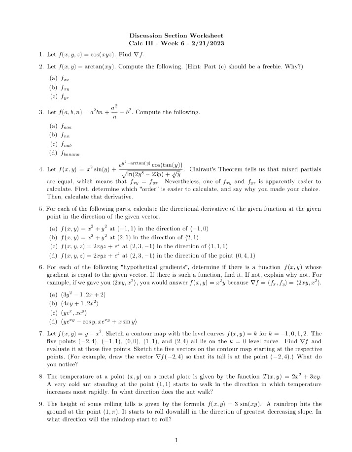 Worksheet for Math 233 Week 6 Discussion Section