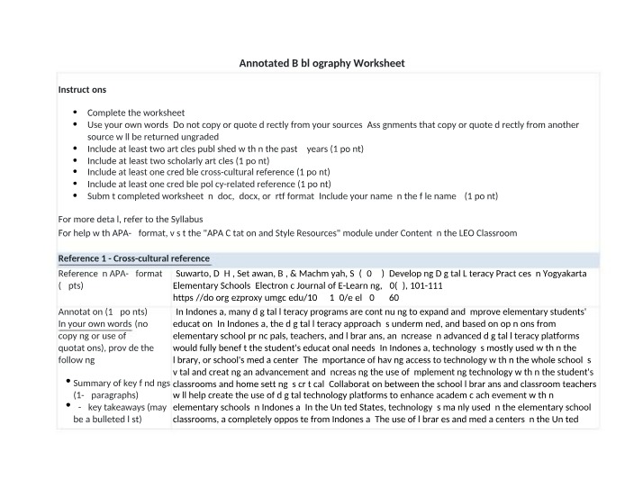 Worksheet for Annotated Bibliography