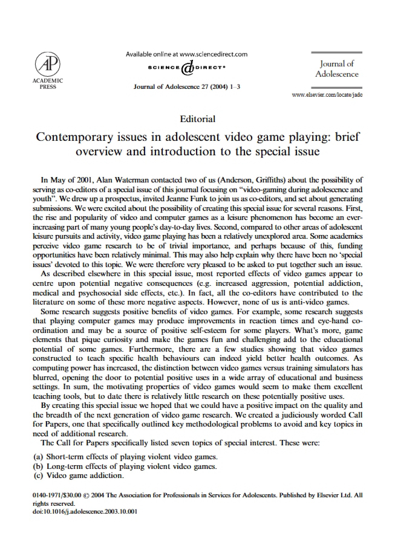 Adolescent Gaming Contemporary Issues