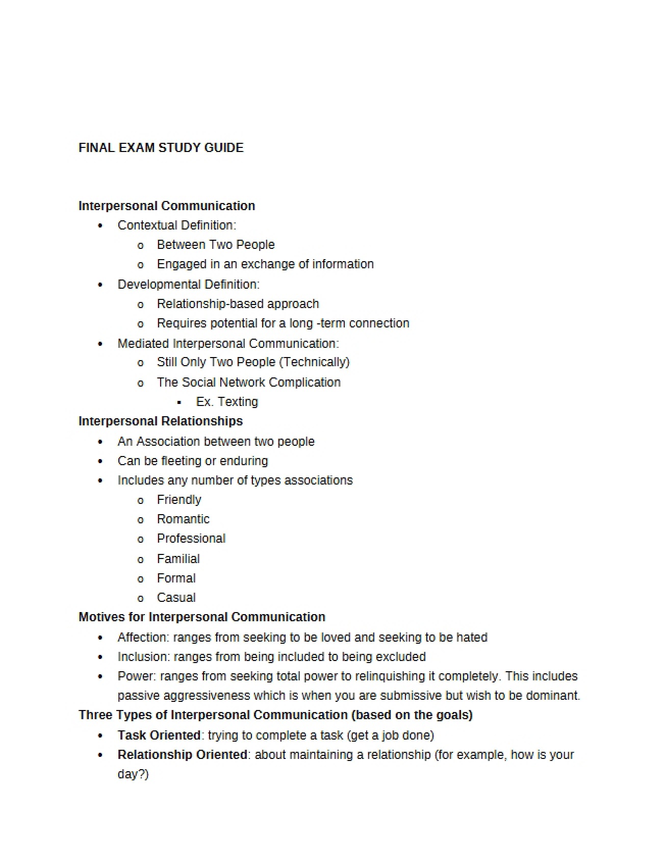 Study Guide for the Final Communication Exam
