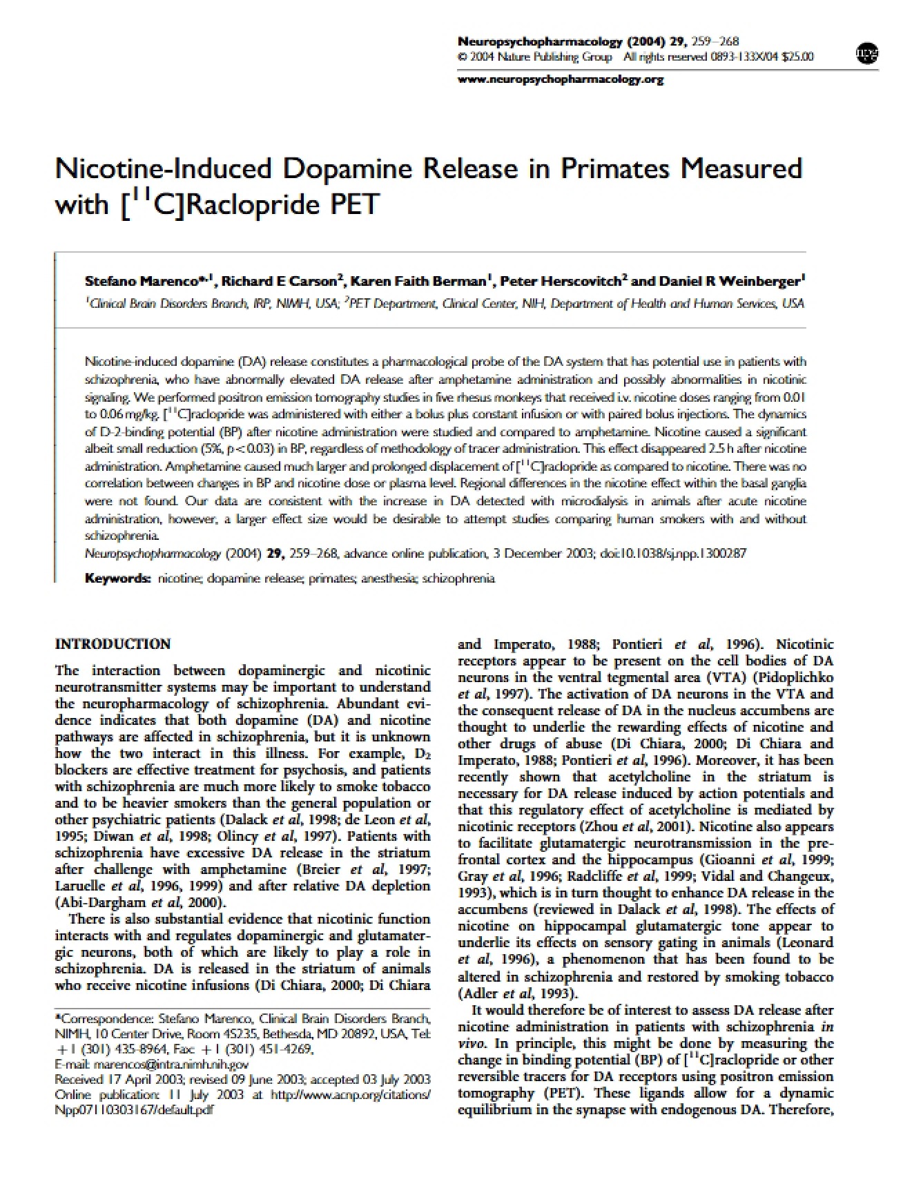 [11C]Raclopride PET Measurement of Primate Dopamine Release (Nicotine-Induced)