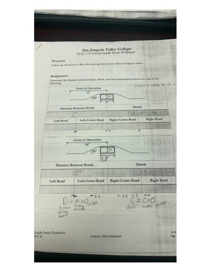 Worksheet for Saddle Bends