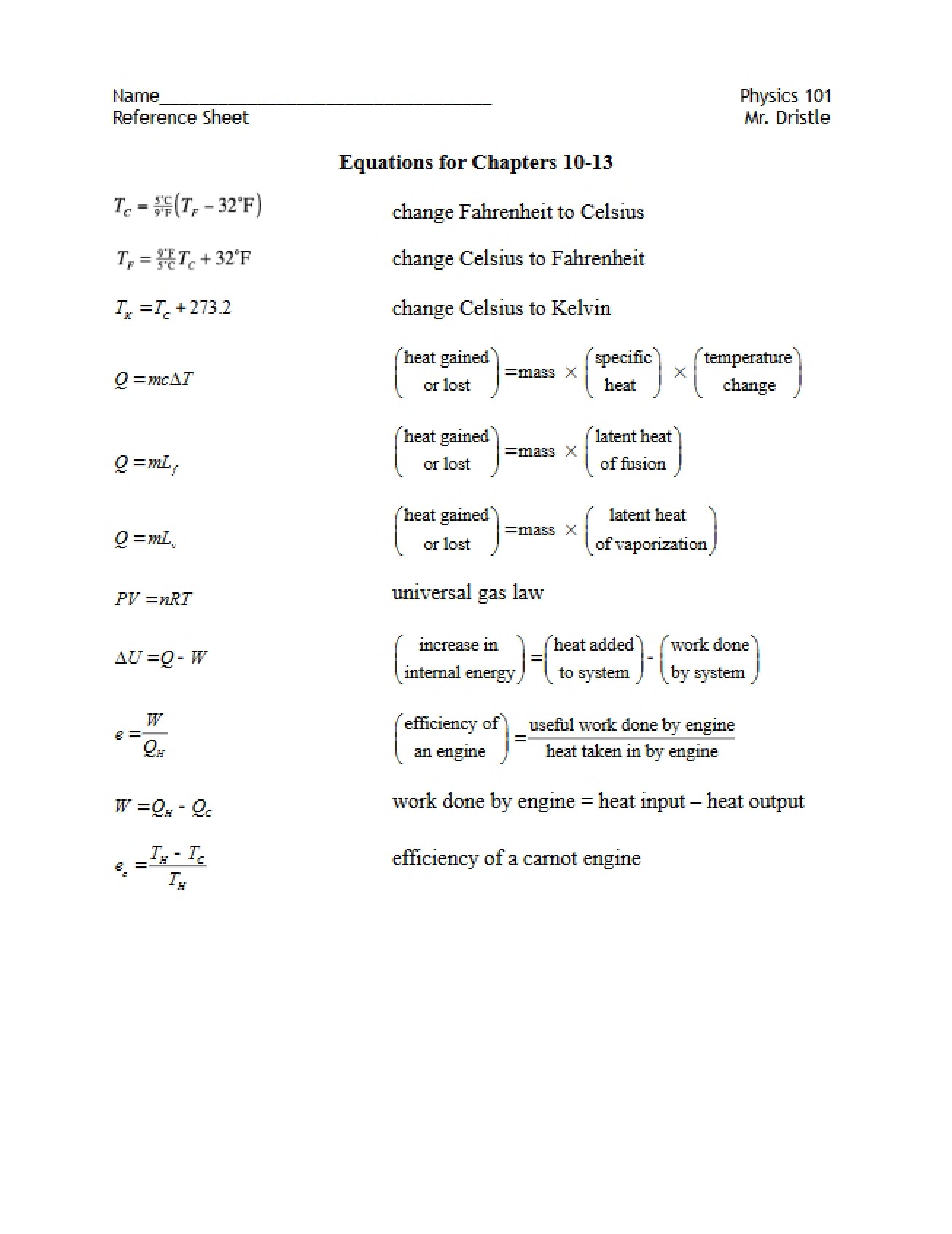 Collection of Equations for Chapters 10 through 13