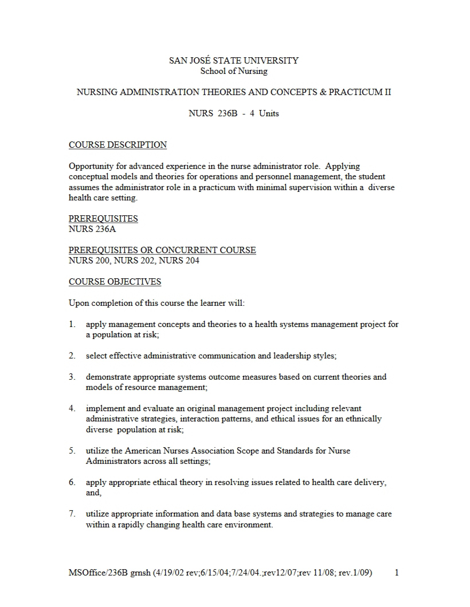 Nursing Administration Syllabus