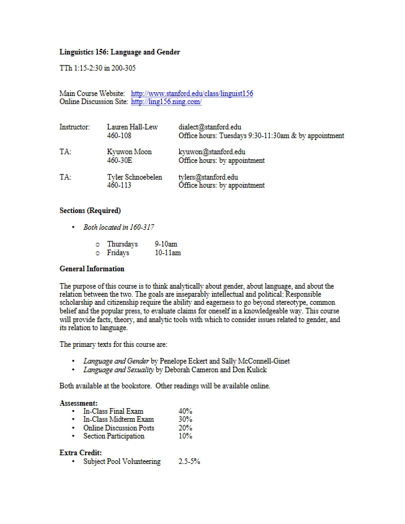 Language and Gender Course Syllabus