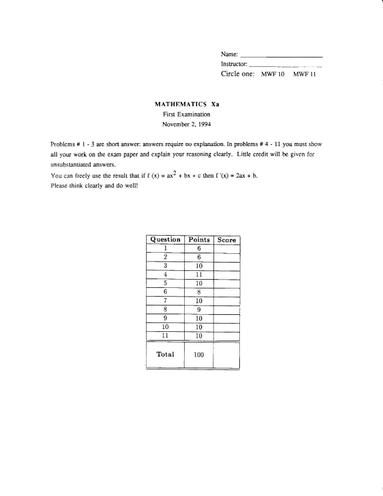 Initial Course Examination