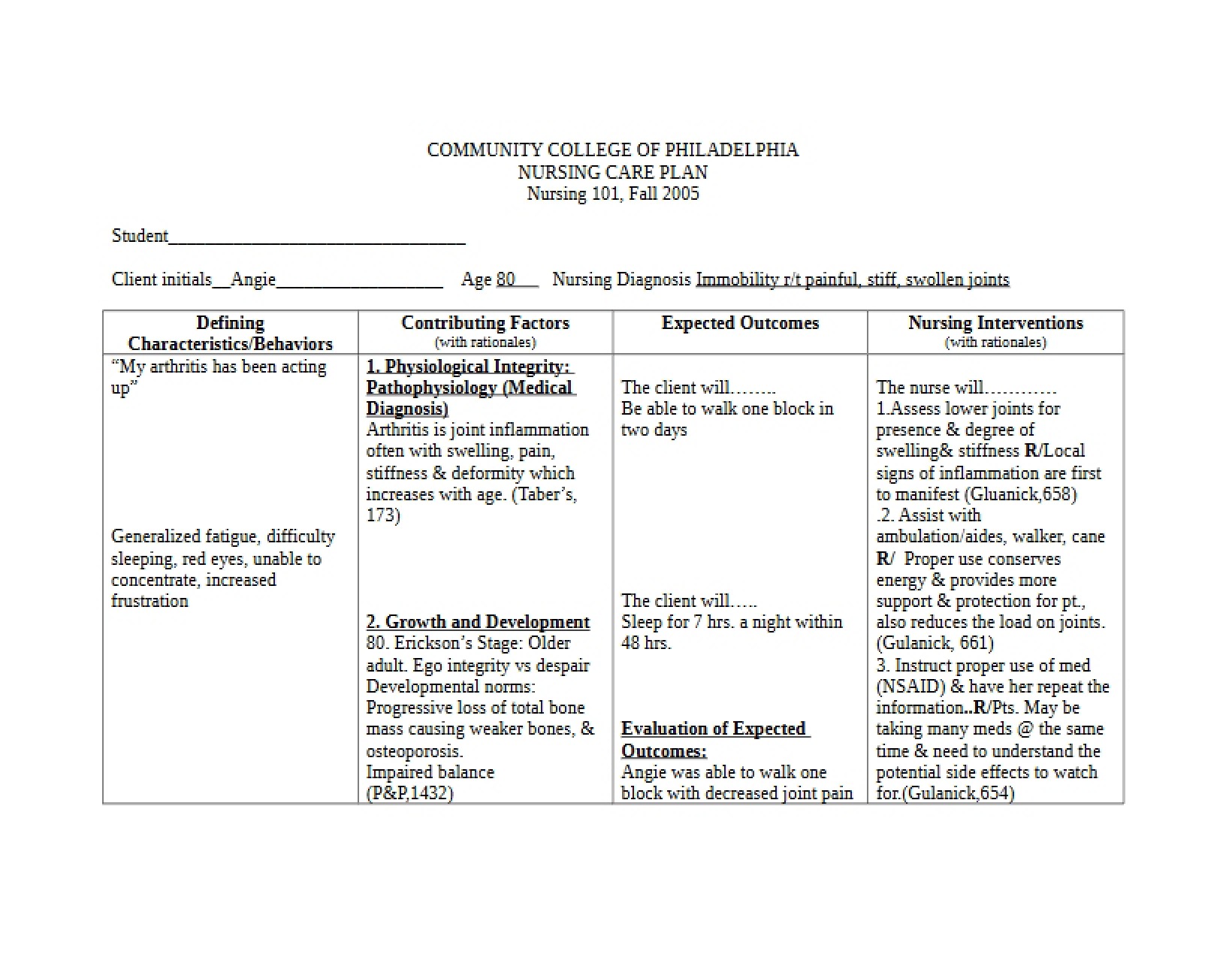 Immobility Care Plan N101 06