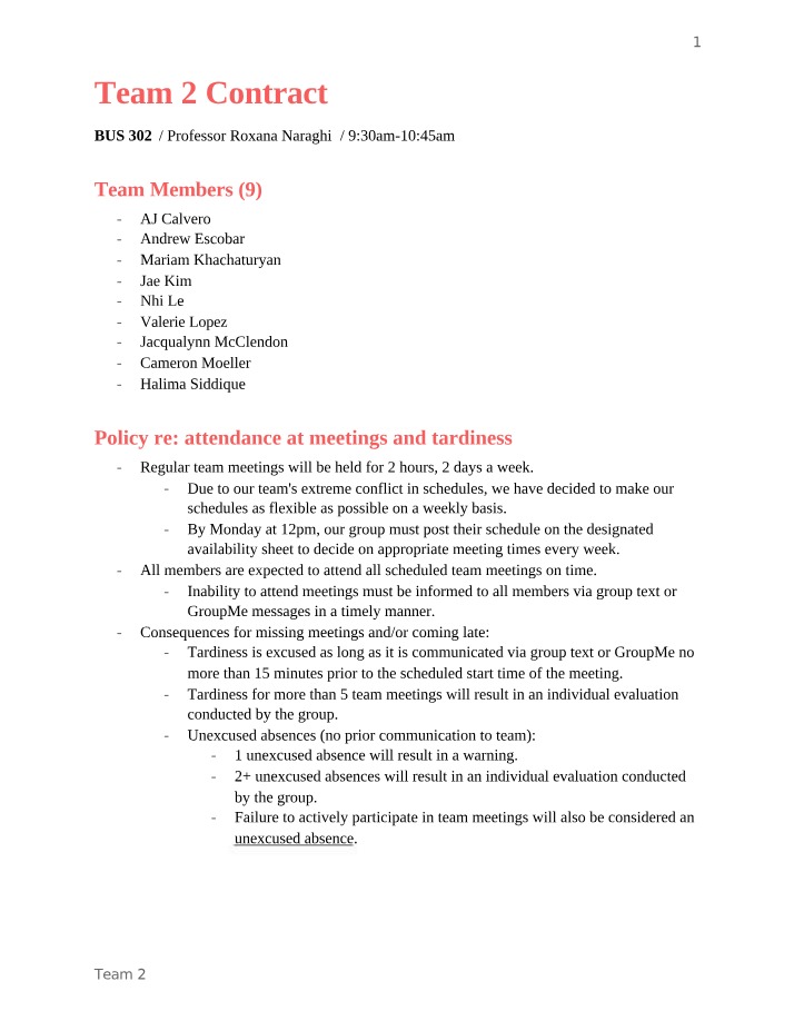 Attendance Policy, Communication, and Conflict - Team 2 Contract
